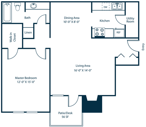 One bedroom one bathroom floor plan at Madison Southpark Apartment Homes, Charlotte, NC, 28226